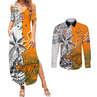 Personalised Fiji Australia Rugby Couples Matching Summer Maxi Dress and Long Sleeve Button Shirts World Cup 2023 Polynesia Tapa Mixed Indigenous Aboriginal LT9 Gold - Polynesian Pride