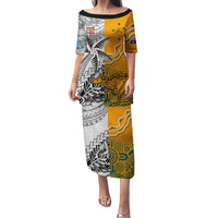 Personalised Fiji Australia Rugby Puletasi World Cup 2023 Polynesia Tapa Mixed Indigenous Aboriginal LT9 Long Dress Gold - Polynesian Pride