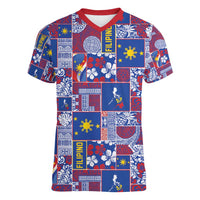 Filipino Maligayang Pasko Women V-Neck T-Shirt Pacific Patchwork Xmas Vibes - Polynesian Pride