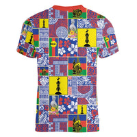 New Caledonia Joyeux Noel Women V-Neck T-Shirt Pacific Patchwork Xmas Vibes - Polynesian Pride