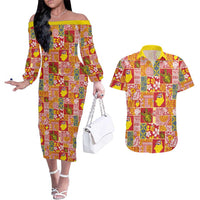 Niue Monuina e Kilisimasi Couples Matching Off The Shoulder Long Sleeve Dress and Hawaiian Shirt Pacific Patchwork Xmas Vibes - Polynesian Pride