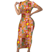 Niue Monuina e Kilisimasi Short Sleeve Bodycon Dress Pacific Patchwork Xmas Vibes LT9 Long Dress Yellow - Polynesian Pride