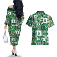 Norfolk Island Meri Krismas Couples Matching Off The Shoulder Long Sleeve Dress and Hawaiian Shirt Pacific Patchwork Xmas Vibes - Polynesian Pride