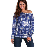 Northern Mariana Islands Magof Nochebuena Off Shoulder Sweater Pacific Patchwork Xmas Vibes - Polynesian Pride
