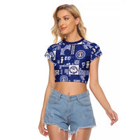 Northern Mariana Islands Magof Nochebuena Raglan Cropped T Shirt Pacific Patchwork Xmas Vibes LT9 Female Blue - Polynesian Pride