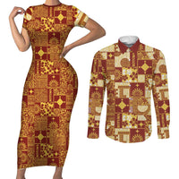 Rotuma Faiakse'ea 'e Kirisimasi Couples Matching Short Sleeve Bodycon Dress and Long Sleeve Button Shirt Pacific Patchwork Xmas Vibes LT9 Red - Polynesian Pride