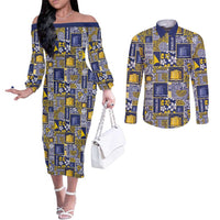 Tokelau Manuia te Kilihimahi Couples Matching Off The Shoulder Long Sleeve Dress and Long Sleeve Button Shirt Pacific Patchwork Xmas Vibes LT9 Blue - Polynesian Pride