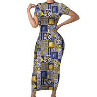 Tokelau Manuia te Kilihimahi Short Sleeve Bodycon Dress Pacific Patchwork Xmas Vibes LT9 Long Dress Blue - Polynesian Pride