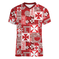 Wallis Et Futuna Kilisimasi Fiefia Women V-Neck T-Shirt Pacific Patchwork Xmas Vibes LT9 Female Red - Polynesian Pride
