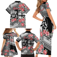 Fiji Tonga Coat of Arm Personalised Family Matching Short Sleeve Bodycon Dress and Hawaiian Shirt With Masi Tapa and Tongan Ngatu Together LT9 - Polynesian Pride