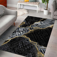 Polynesian Tribal Tattoo Area Rug Dark Marble Pattern