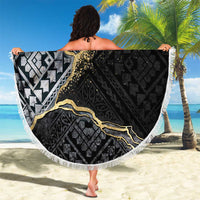 Polynesian Tribal Tattoo Beach Blanket Dark Marble Pattern