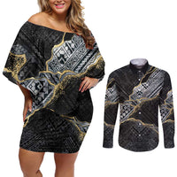 Polynesian Tribal Tattoo Couples Matching Off Shoulder Short Dress and Long Sleeve Button Shirt Dark Marble Pattern