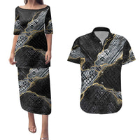 Polynesian Tribal Tattoo Couples Matching Puletasi and Hawaiian Shirt Dark Marble Pattern