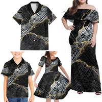 Polynesian Tribal Tattoo Family Matching Off Shoulder Maxi Dress and Hawaiian Shirt Dark Marble Pattern
