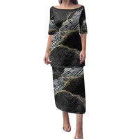 Polynesian Tribal Tattoo Family Matching Puletasi and Hawaiian Shirt Dark Marble Pattern