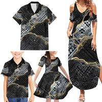 Polynesian Tribal Tattoo Family Matching Summer Maxi Dress and Hawaiian Shirt Dark Marble Pattern