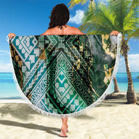 Polynesian Tribal Tattoo Beach Blanket Green Marble Pattern