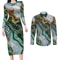 Polynesian Tribal Tattoo Couples Matching Long Sleeve Bodycon Dress and Long Sleeve Button Shirt Green Marble Pattern