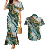 Polynesian Tribal Tattoo Couples Matching Mermaid Dress and Hawaiian Shirt Green Marble Pattern