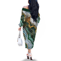 Polynesian Tribal Tattoo Family Matching Off The Shoulder Long Sleeve Dress and Hawaiian Shirt Green Marble Pattern