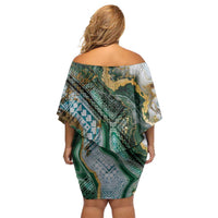 Polynesian Tribal Tattoo Family Matching Off Shoulder Short Dress and Hawaiian Shirt Green Marble Pattern