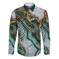 Polynesian Tribal Tattoo Family Matching Puletasi and Hawaiian Shirt Green Marble Pattern LT9 Dad's Shirt - Long Sleeve Green - Polynesian Pride