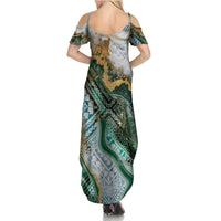 Polynesian Tribal Tattoo Family Matching Summer Maxi Dress and Hawaiian Shirt Green Marble Pattern
