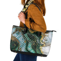 Polynesian Tribal Tattoo Leather Tote Bag Green Marble Pattern