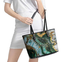 Polynesian Tribal Tattoo Leather Tote Bag Green Marble Pattern