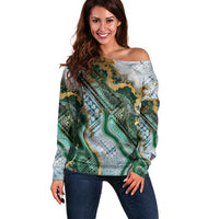 Polynesian Tribal Tattoo Off Shoulder Sweater Green Marble Pattern LT9 Women Green - Polynesian Pride