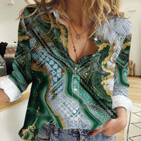 Polynesian Tribal Tattoo Women Casual Shirt Green Marble Pattern