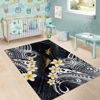 Polynesian Tribal Tattoo Area Rug Plumeria Black Gold Marble Pattern