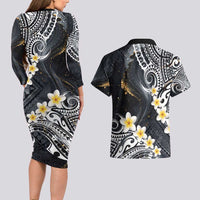 Polynesian Tribal Tattoo Couples Matching Long Sleeve Bodycon Dress and Hawaiian Shirt Plumeria Black Gold Marble Pattern