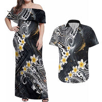 Polynesian Tribal Tattoo Couples Matching Off Shoulder Maxi Dress and Hawaiian Shirt Plumeria Black Gold Marble Pattern