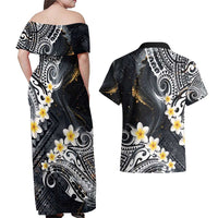Polynesian Tribal Tattoo Couples Matching Off Shoulder Maxi Dress and Hawaiian Shirt Plumeria Black Gold Marble Pattern