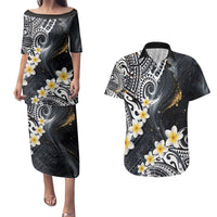 Polynesian Tribal Tattoo Couples Matching Puletasi and Hawaiian Shirt Plumeria Black Gold Marble Pattern