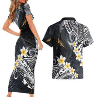 Polynesian Tribal Tattoo Couples Matching Short Sleeve Bodycon Dress and Hawaiian Shirt Plumeria Black Gold Marble Pattern