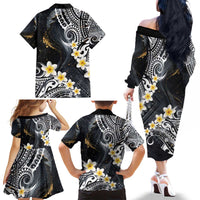 Polynesian Tribal Tattoo Family Matching Off The Shoulder Long Sleeve Dress and Hawaiian Shirt Plumeria Black Gold Marble Pattern