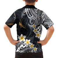 Polynesian Tribal Tattoo Family Matching Off Shoulder Maxi Dress and Hawaiian Shirt Plumeria Black Gold Marble Pattern