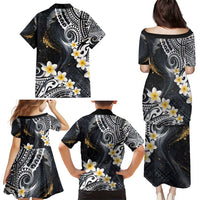 Polynesian Tribal Tattoo Family Matching Puletasi and Hawaiian Shirt Plumeria Black Gold Marble Pattern