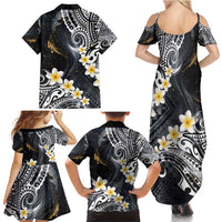 Polynesian Tribal Tattoo Family Matching Summer Maxi Dress and Hawaiian Shirt Plumeria Black Gold Marble Pattern