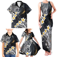 Polynesian Tribal Tattoo Family Matching Tank Maxi Dress and Hawaiian Shirt Plumeria Black Gold Marble Pattern