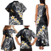 Polynesian Tribal Tattoo Family Matching Tank Maxi Dress and Hawaiian Shirt Plumeria Black Gold Marble Pattern