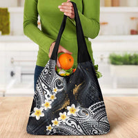 Polynesian Tribal Tattoo Grocery Bag Plumeria Black Gold Marble Pattern