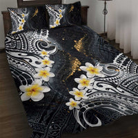 Polynesian Tribal Tattoo Quilt Bed Set Plumeria Black Gold Marble Pattern
