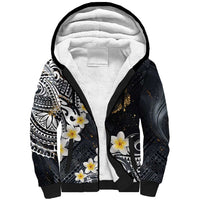 Polynesian Tribal Tattoo Sherpa Hoodie Plumeria Black Gold Marble Pattern