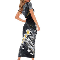 Polynesian Tribal Tattoo Short Sleeve Bodycon Dress Plumeria Black Gold Marble Pattern