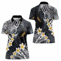 Polynesian Tribal Tattoo Women Polo Shirt Plumeria Black Gold Marble Pattern