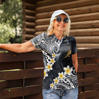 Polynesian Tribal Tattoo Women Polo Shirt Plumeria Black Gold Marble Pattern